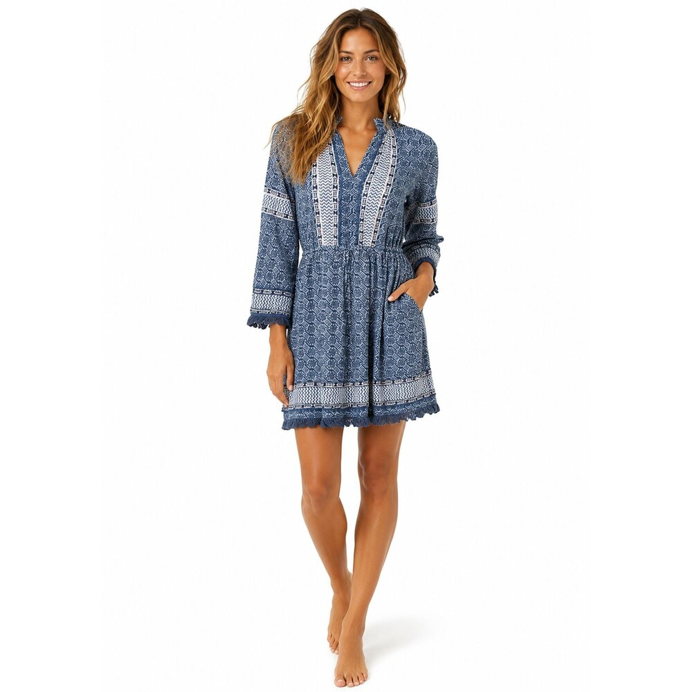 Lola Australia Cotton Nirvana Mini Dress Size Small Blue White Batik Boho